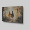 Watercolour painting of two figures walking through an autumn forest with bright orange leaves and birds in flight