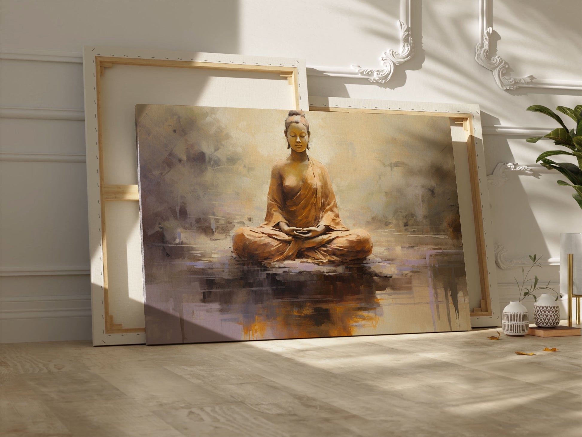 Canvas print of a meditating Buddha in warm amber and brown tones on a textured abstract background