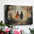 Watercolour painting of two figures walking through an autumn forest with bright orange leaves and birds in flight