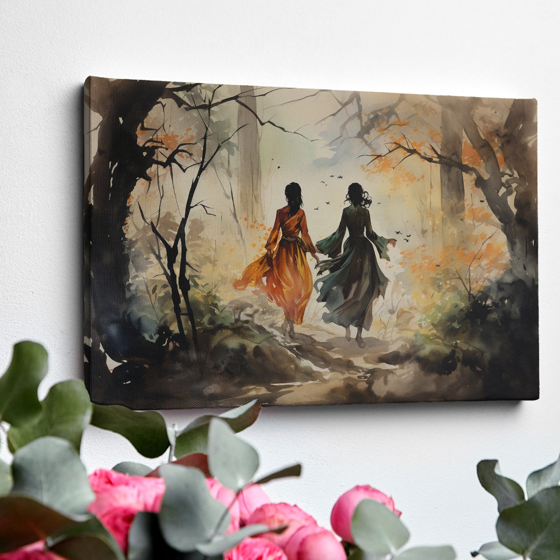 Watercolour painting of two figures walking through an autumn forest with bright orange leaves and birds in flight