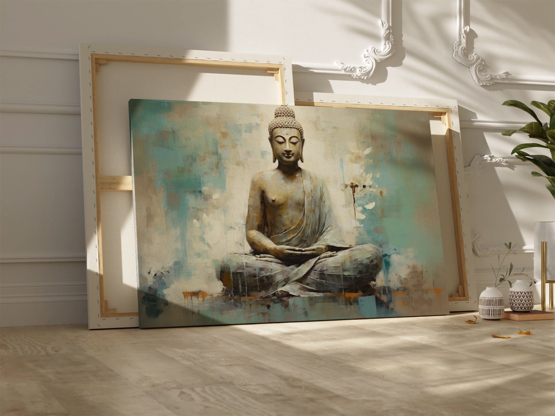 Canvas print of a meditating Buddha in beige and turquoise hues conveying serenity and spirituality.