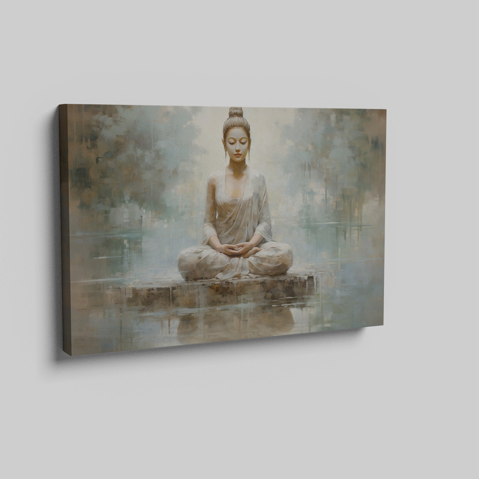 Framed canvas print of a meditative Buddha in serene, neutral tones