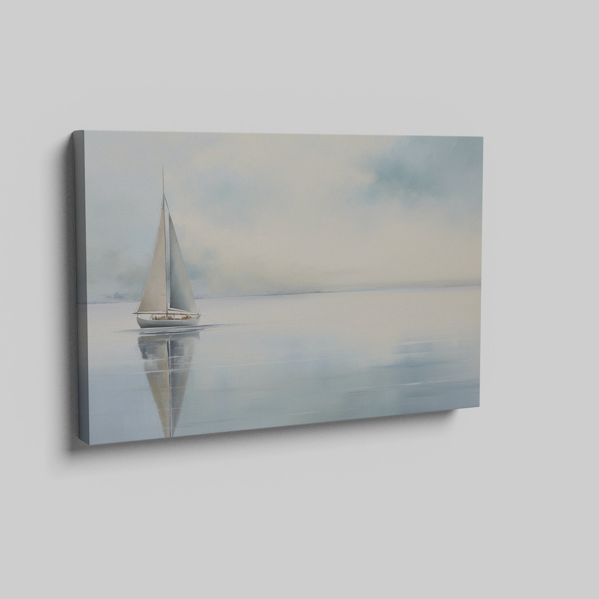Framed canvas print of a serene sailboat with reflection on tranquil blue water