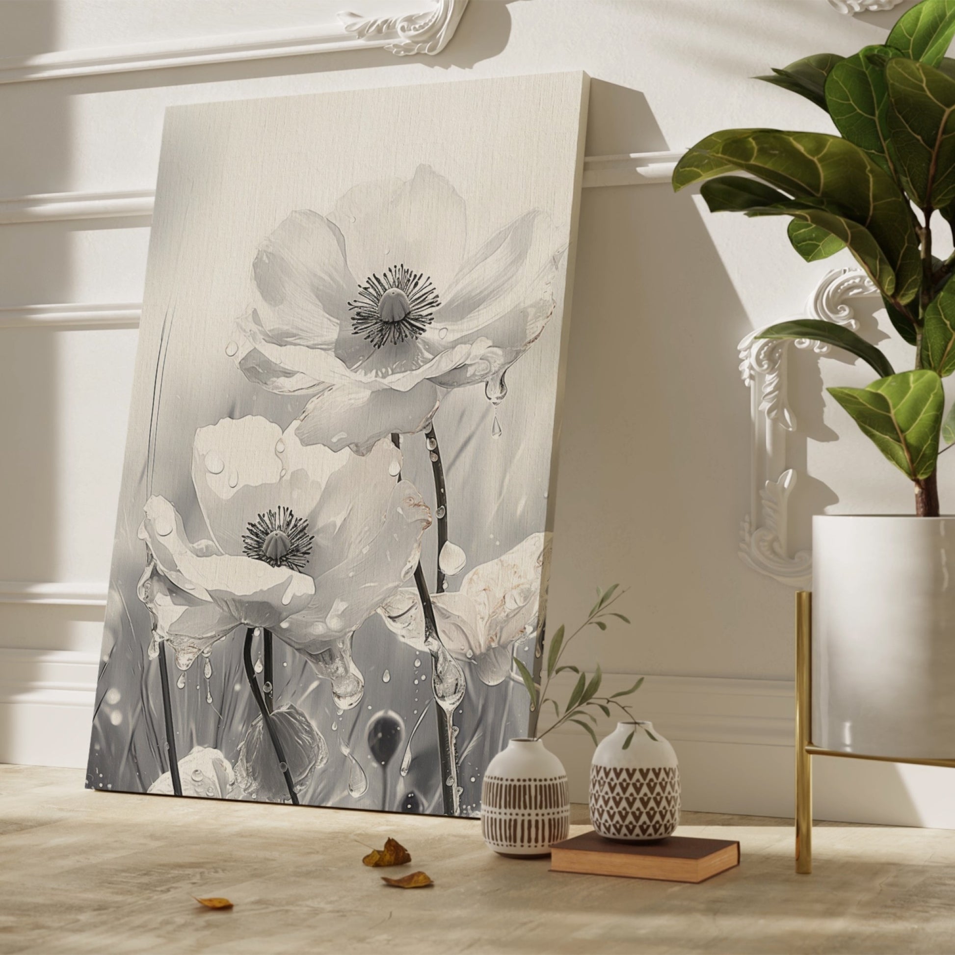 Framed canvas print of monochrome flowers with water droplets