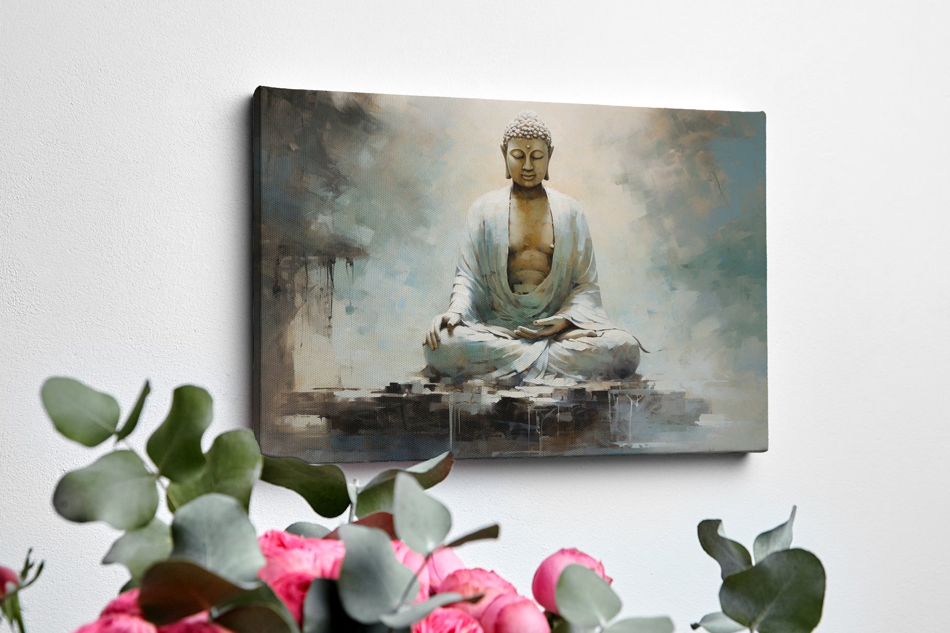 Framed canvas print of a serene Buddha in meditation with abstract, earthy tones