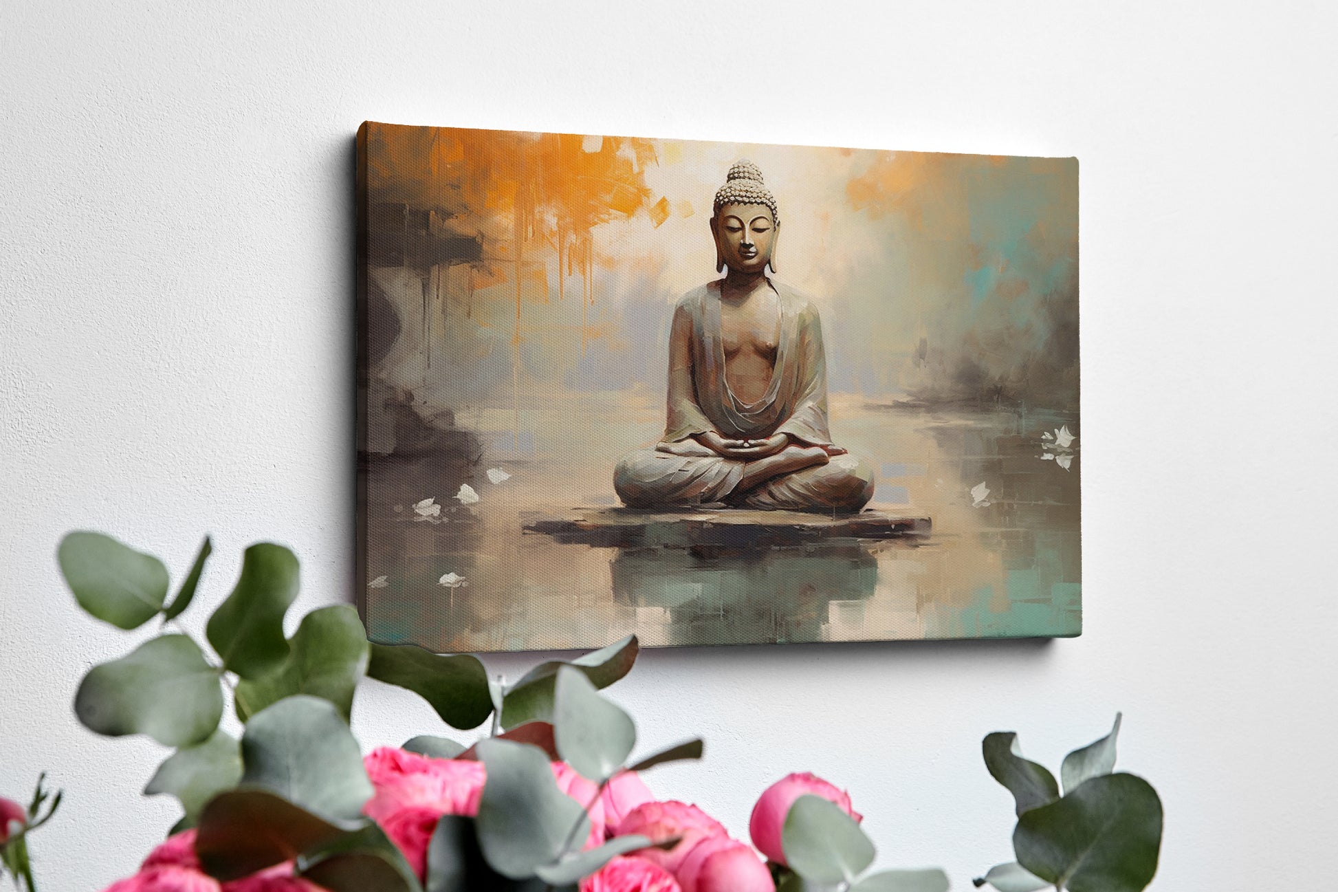 Framed canvas print of serene Buddha in meditative pose with abstract orange and blue background