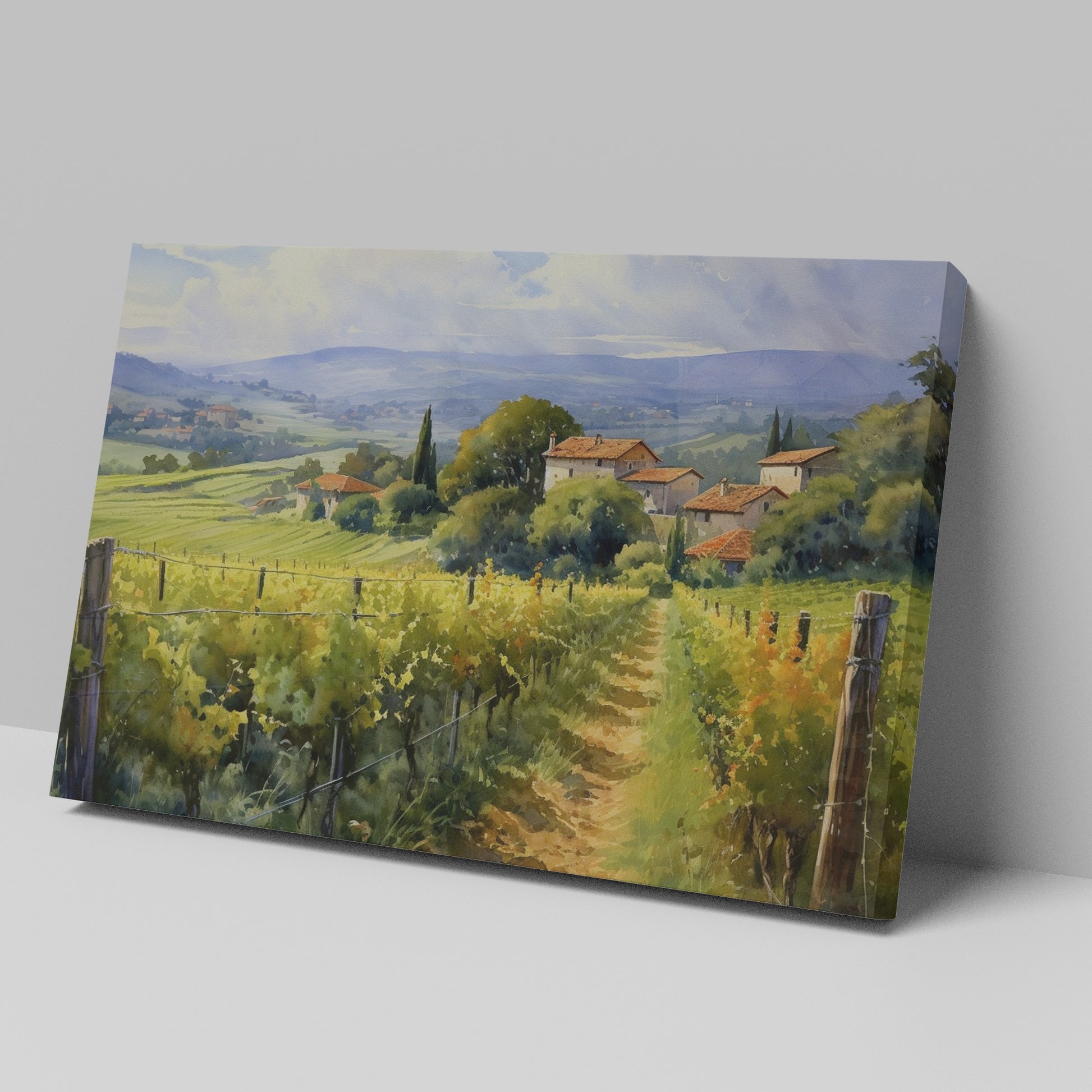 Framed canvas print of Tuscan vineyard and countryside landscape with vibrant colours and rustic farmhouses