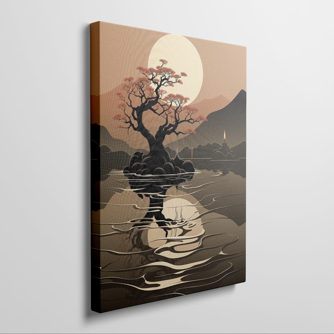 Framed canvas print of an Asian-inspired serene bonsai tree silhouette with sunset and mountain