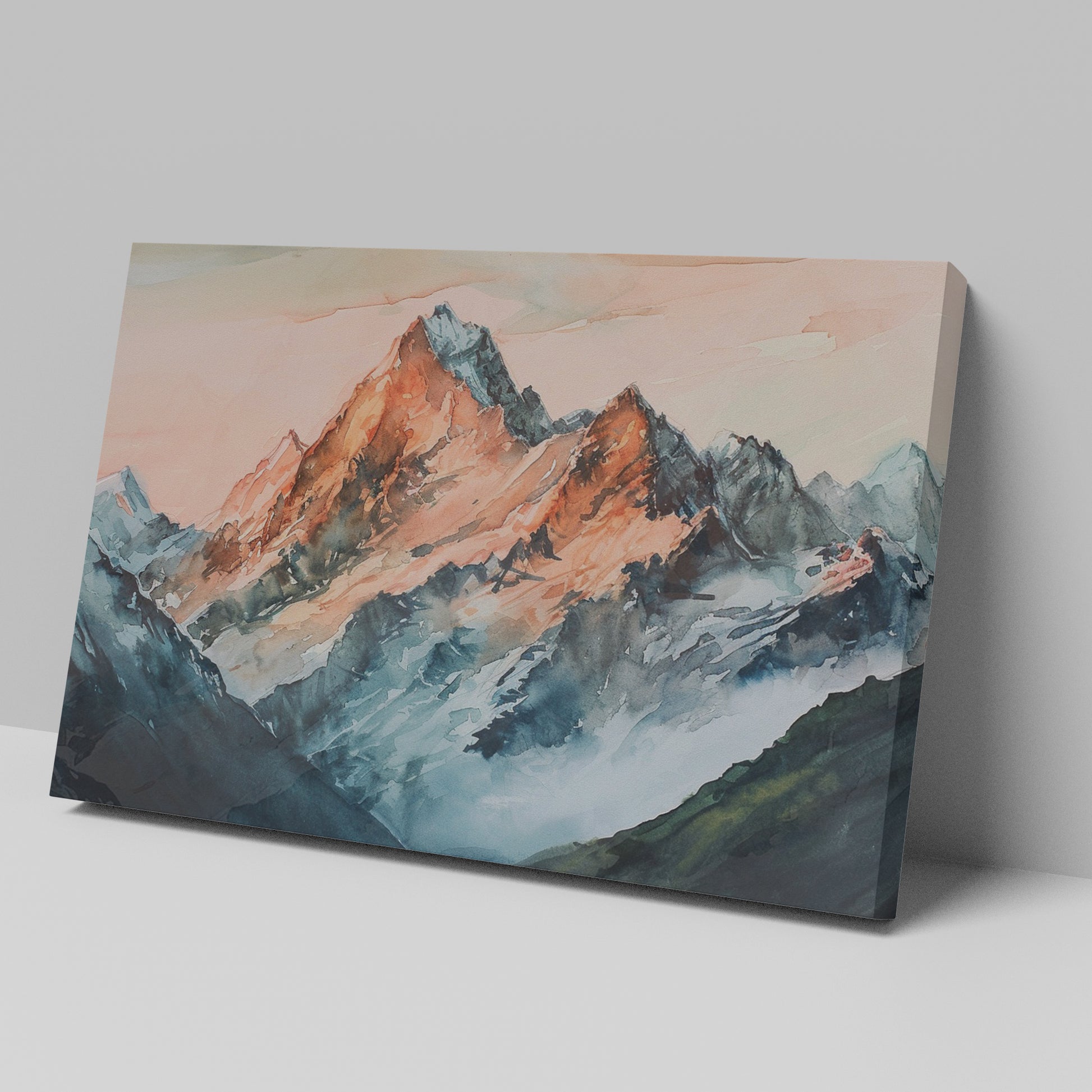 Framed canvas print of impressionist watercolor mountain landscape with sunset hues