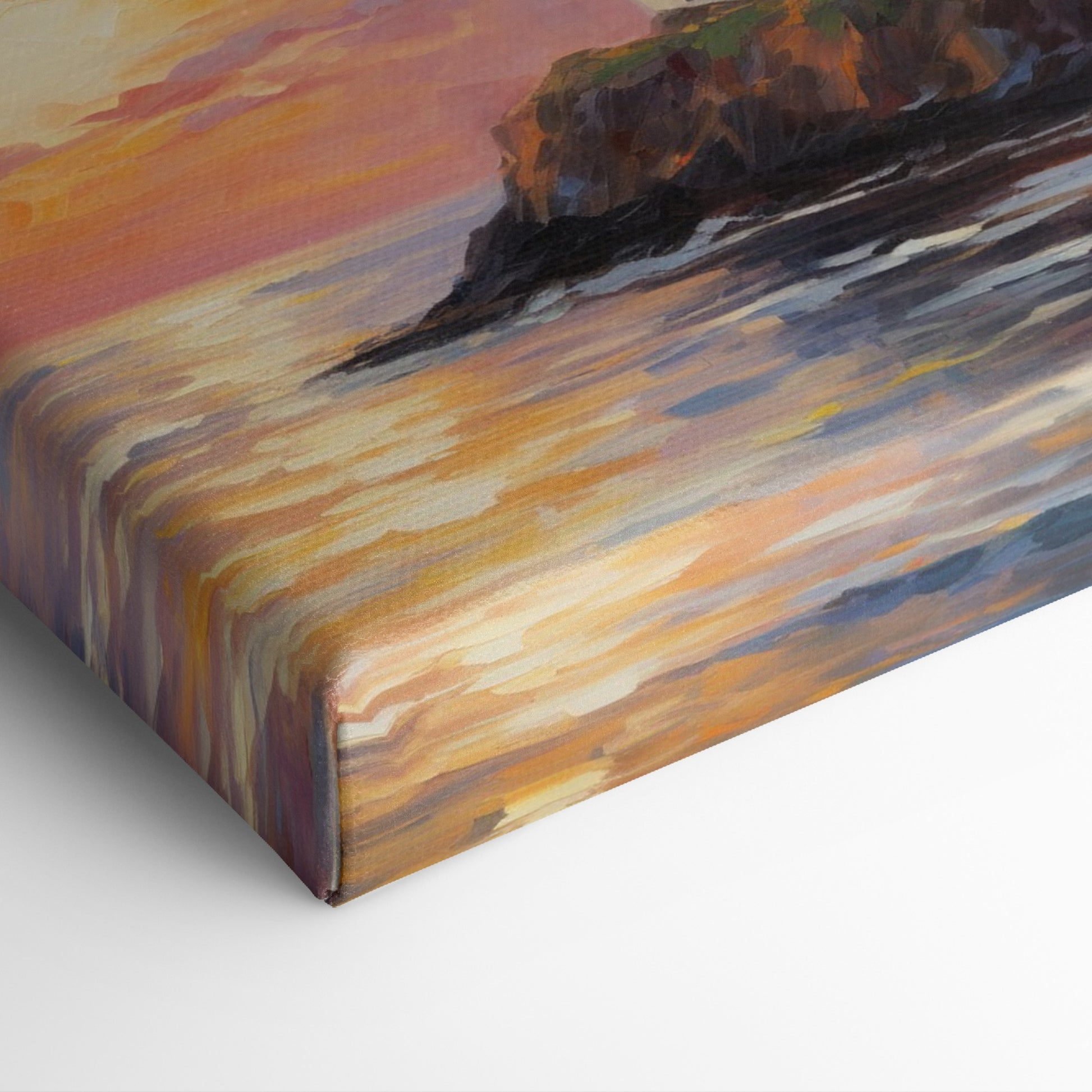 Impressionistic painting of a lighthouse on a cliff at sunset with vibrant orange, pink, and blue sky reflected in water