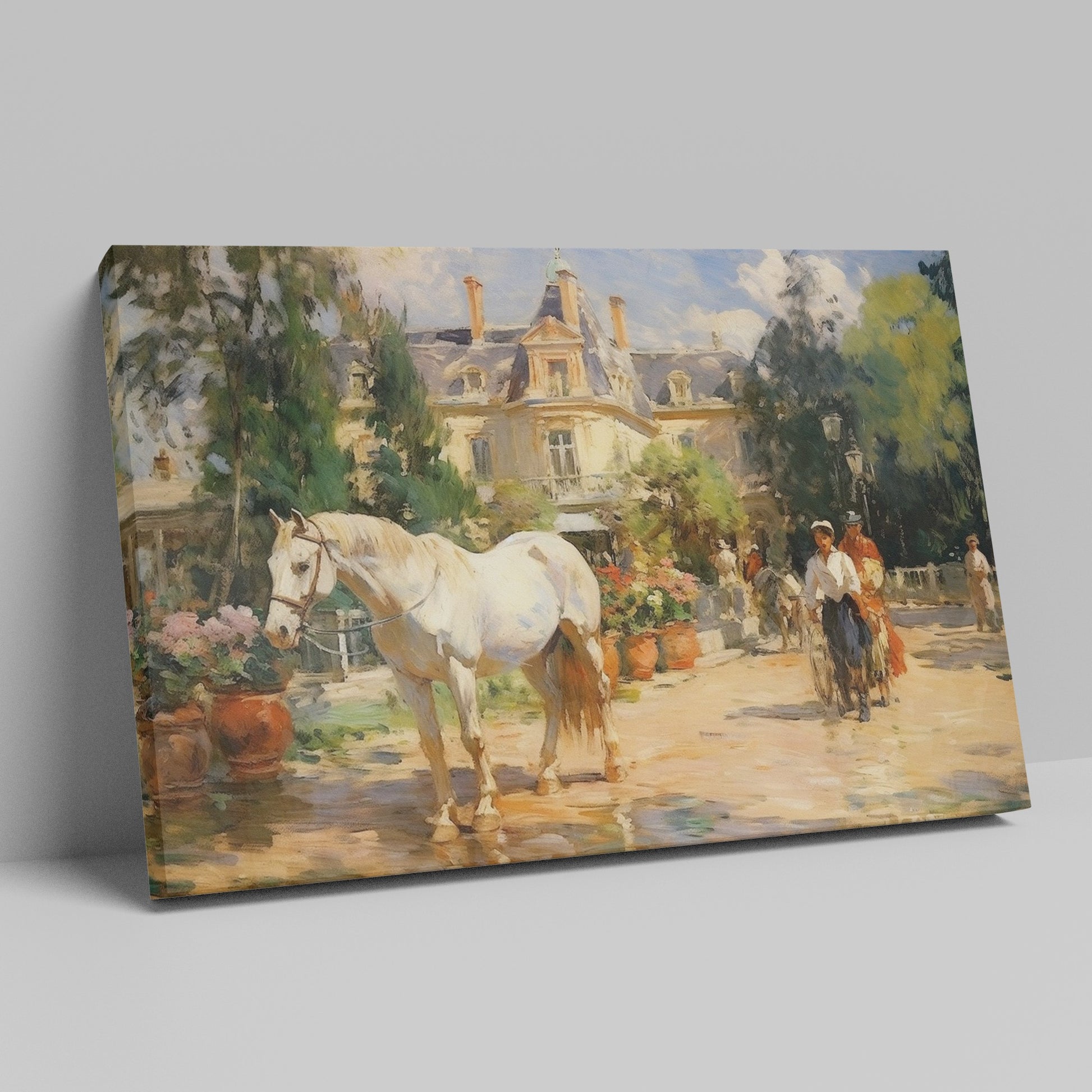 Framed canvas print of an impressionist painting featuring a white horse, a Victorian estate, and garden scenery