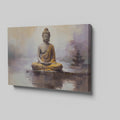 Framed canvas print of a meditative Buddha figure in golden and beige tones with a serene abstract background