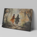 Watercolour painting of two figures walking through an autumn forest with bright orange leaves and birds in flight