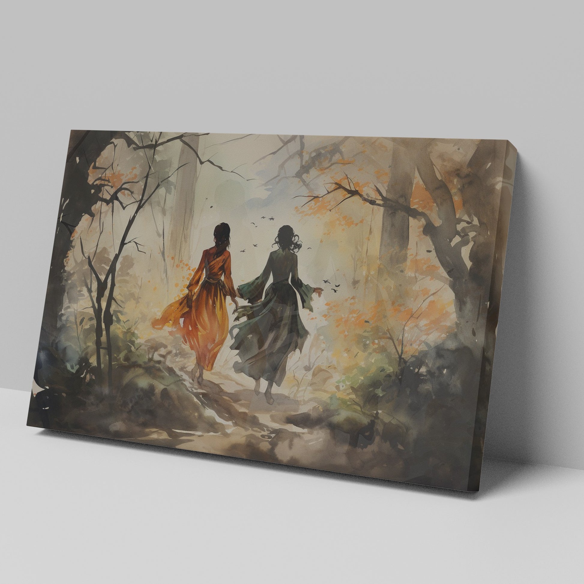 Watercolour painting of two figures walking through an autumn forest with bright orange leaves and birds in flight