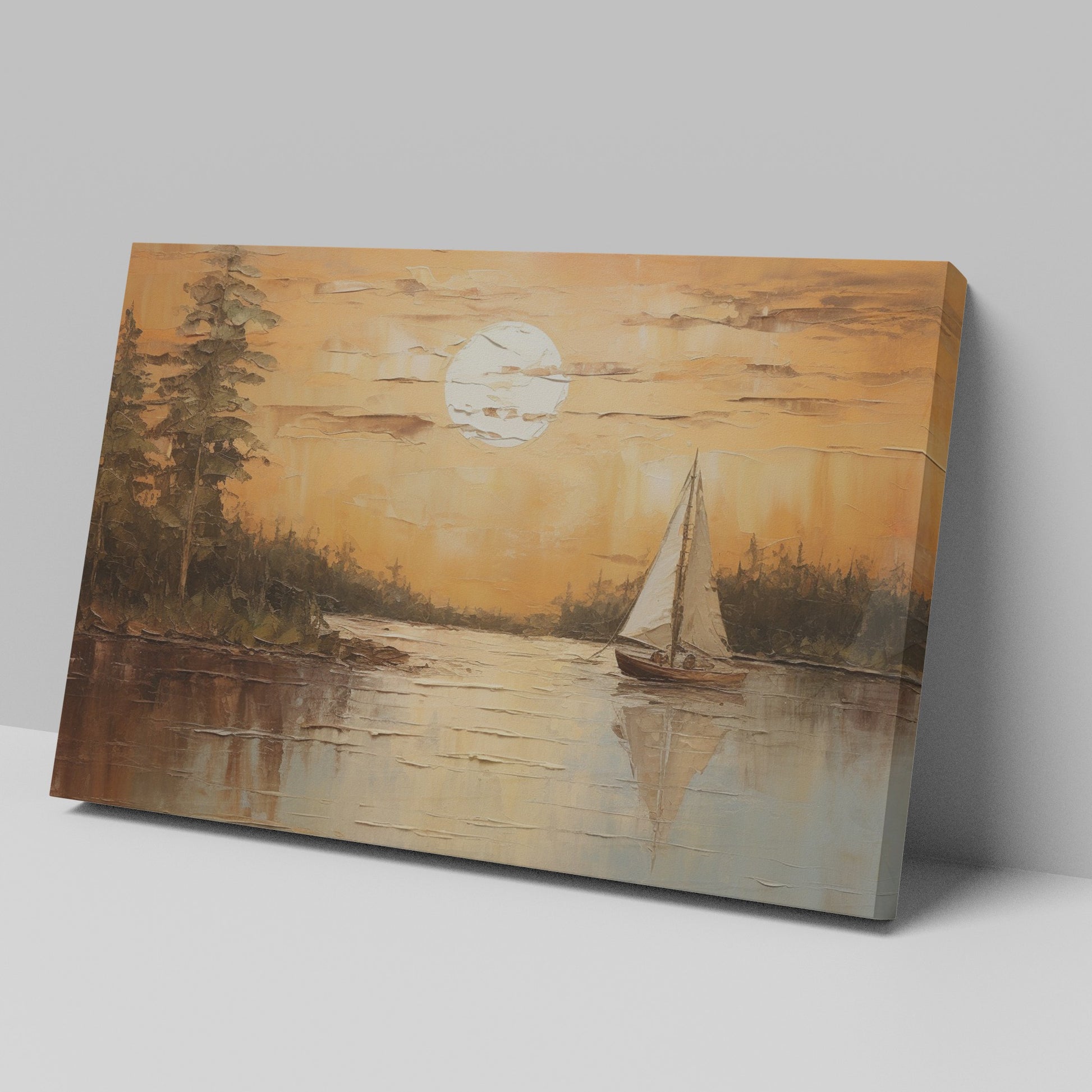 Canvas print of a sunset with orange skies, sailboat on calm lake, and tree silhouettes
