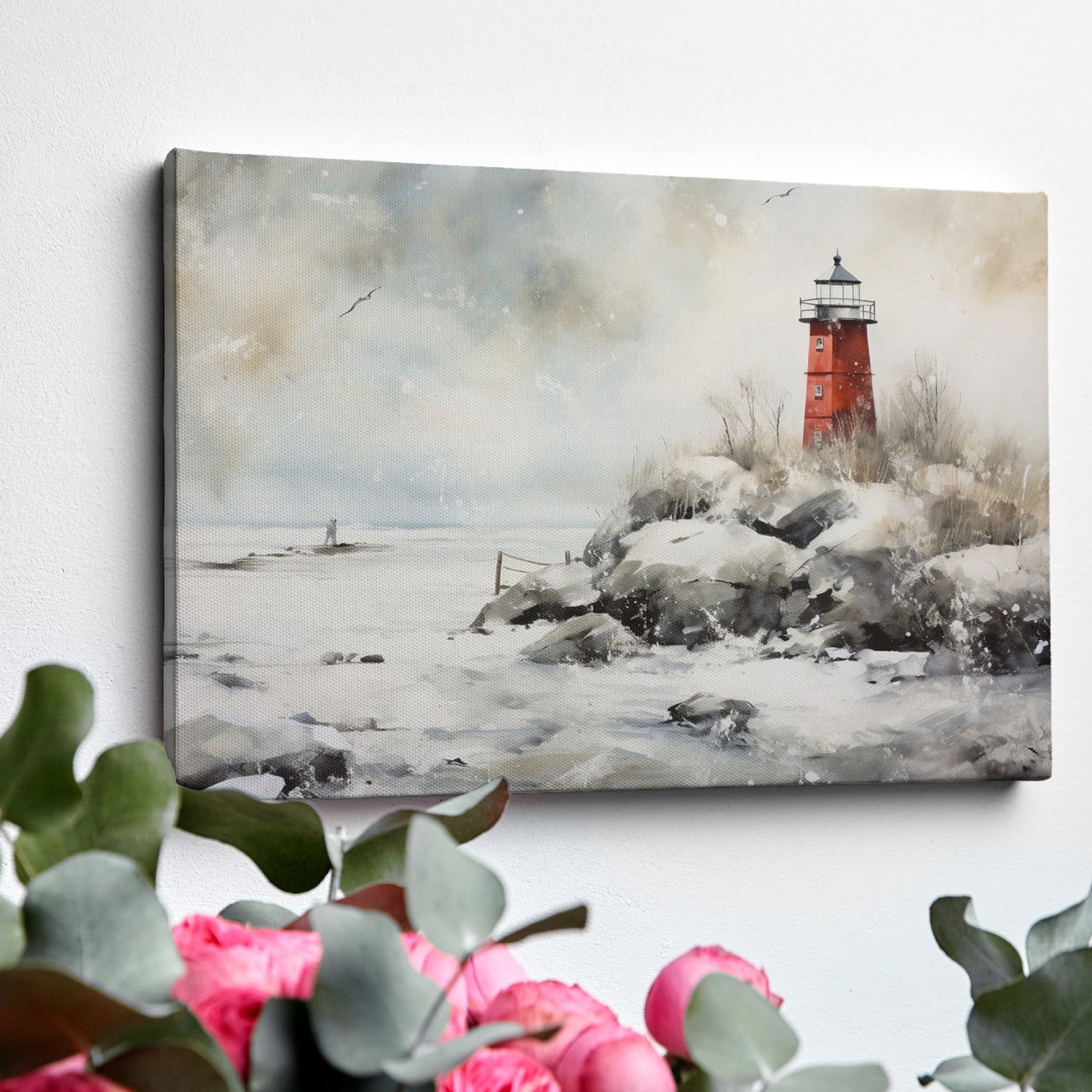 A red lighthouse on a snowy coastline with a figure at a distance and seagulls in the wintry sky.