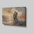 Framed canvas print of a couple embracing on a beach at sunset with vibrant warm colours and soft lighting