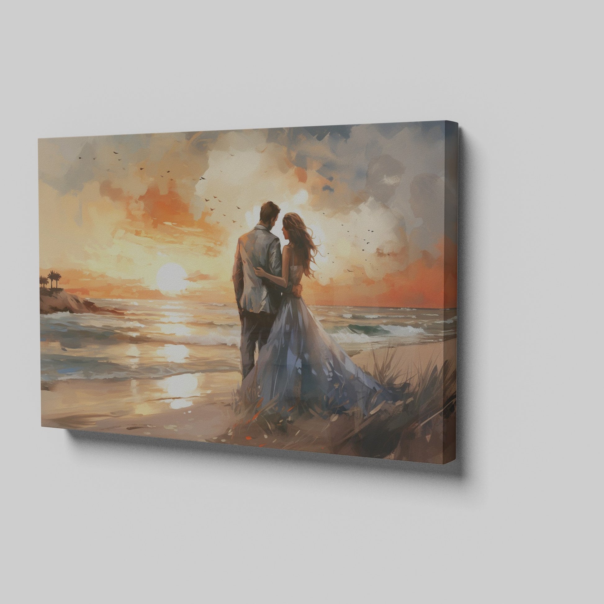 Framed canvas print of a couple embracing on a beach at sunset with vibrant warm colours and soft lighting