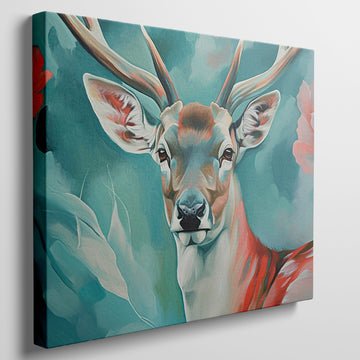 Framed canvas print of a stylised abstract deer with vibrant colours