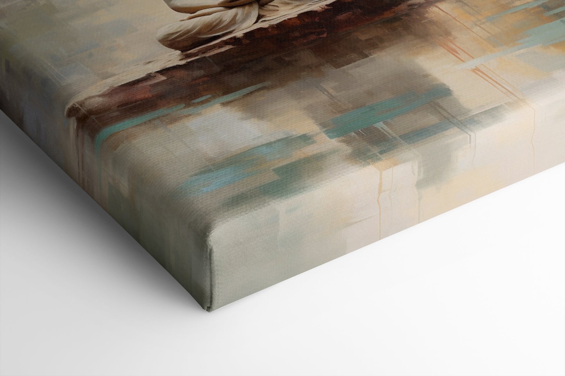 Framed canvas print of a serene Buddha in meditation with abstract watercolour lotus flowers and reflections