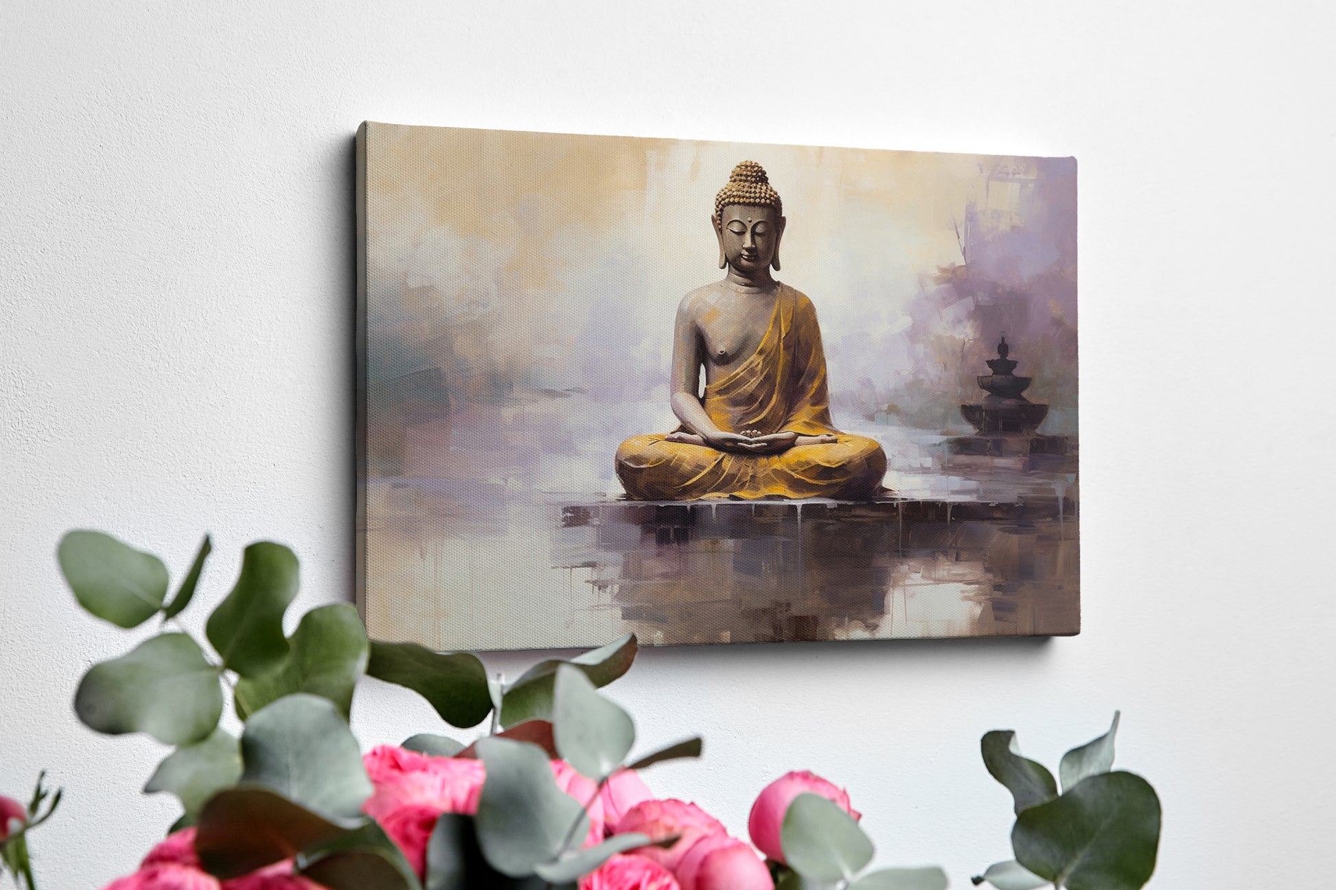 Framed canvas print of a meditative Buddha figure in golden and beige tones with a serene abstract background