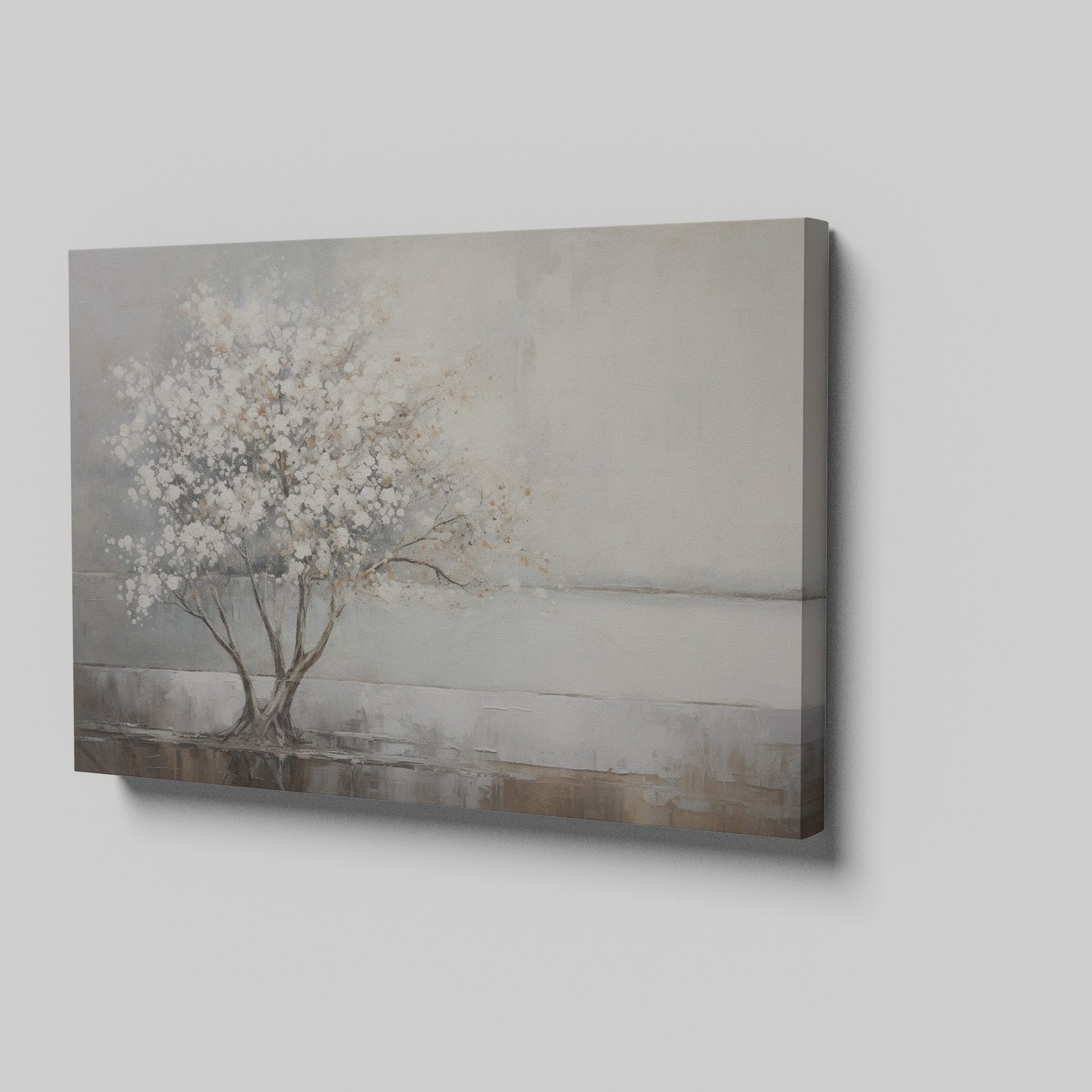 Textured painting of a tree with white flowers and its reflection on water, on a beige and brown background