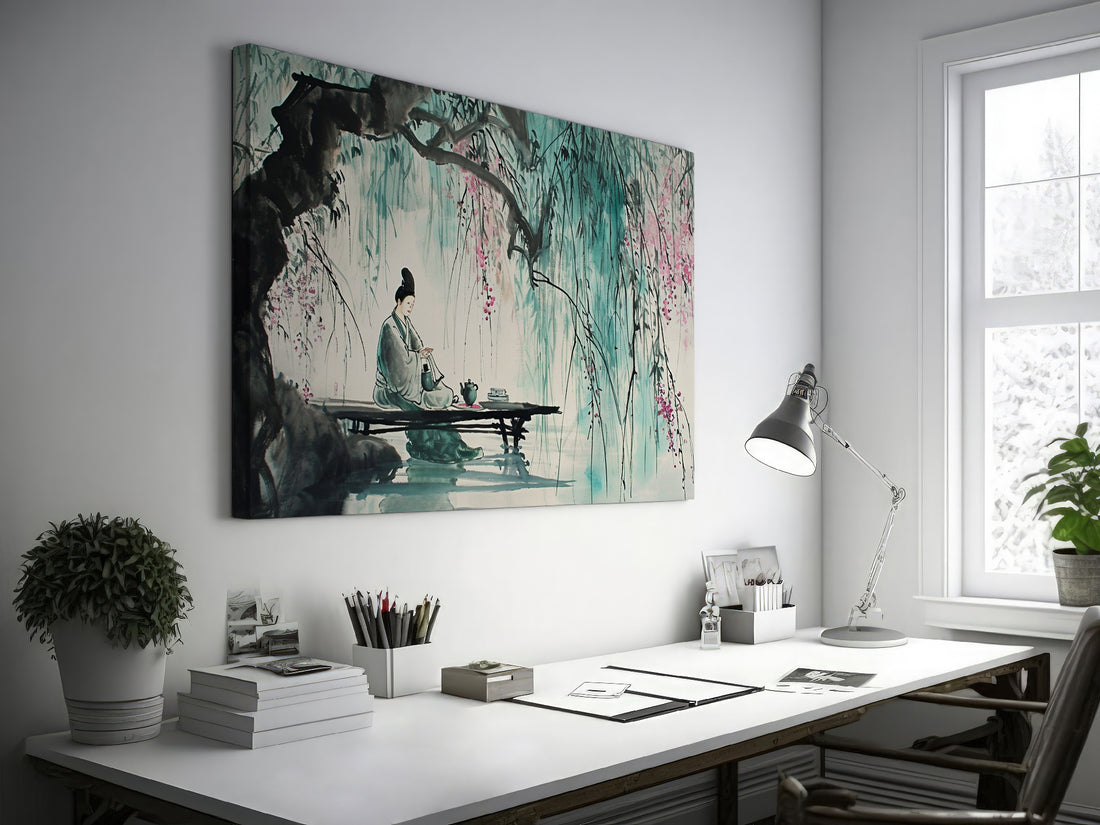 Framed canvas print of traditional Chinese garden scene with willow trees and a seated woman