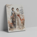 Digital painting of two women in traditional kimonos with cherry blossoms