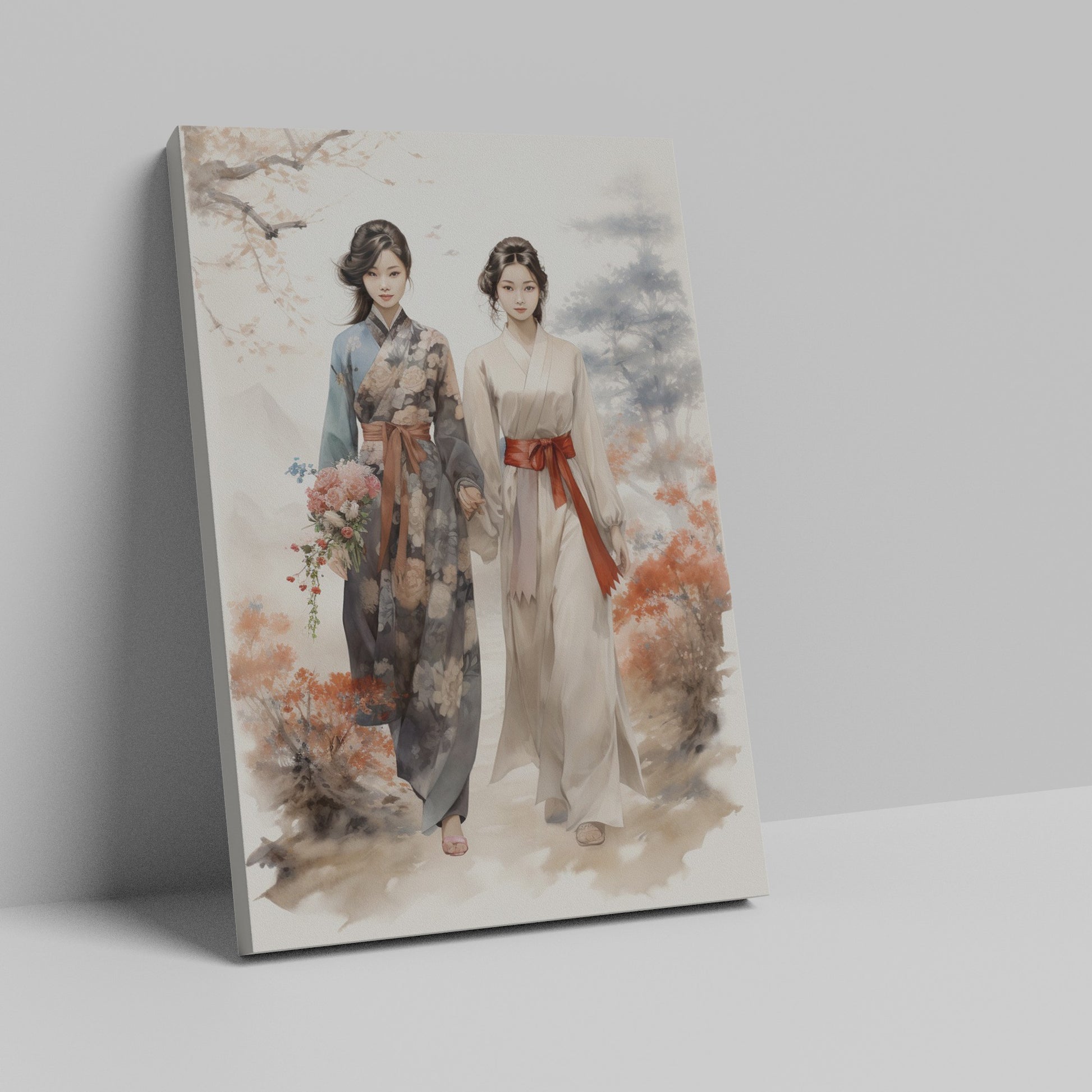 Digital painting of two women in traditional kimonos with cherry blossoms