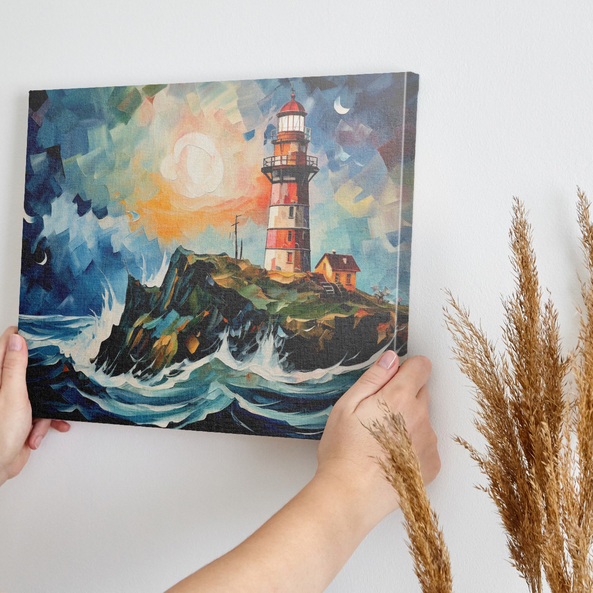Framed canvas print of an abstract lighthouse seascape with vibrant sunset and dynamic brushstrokes