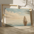 A peaceful painting of a sailboat sailing on calm ocean waters with clouds in the sky