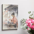 Framed canvas print of a Japanese tea ceremony with cherry blossoms and a woman in traditional attire