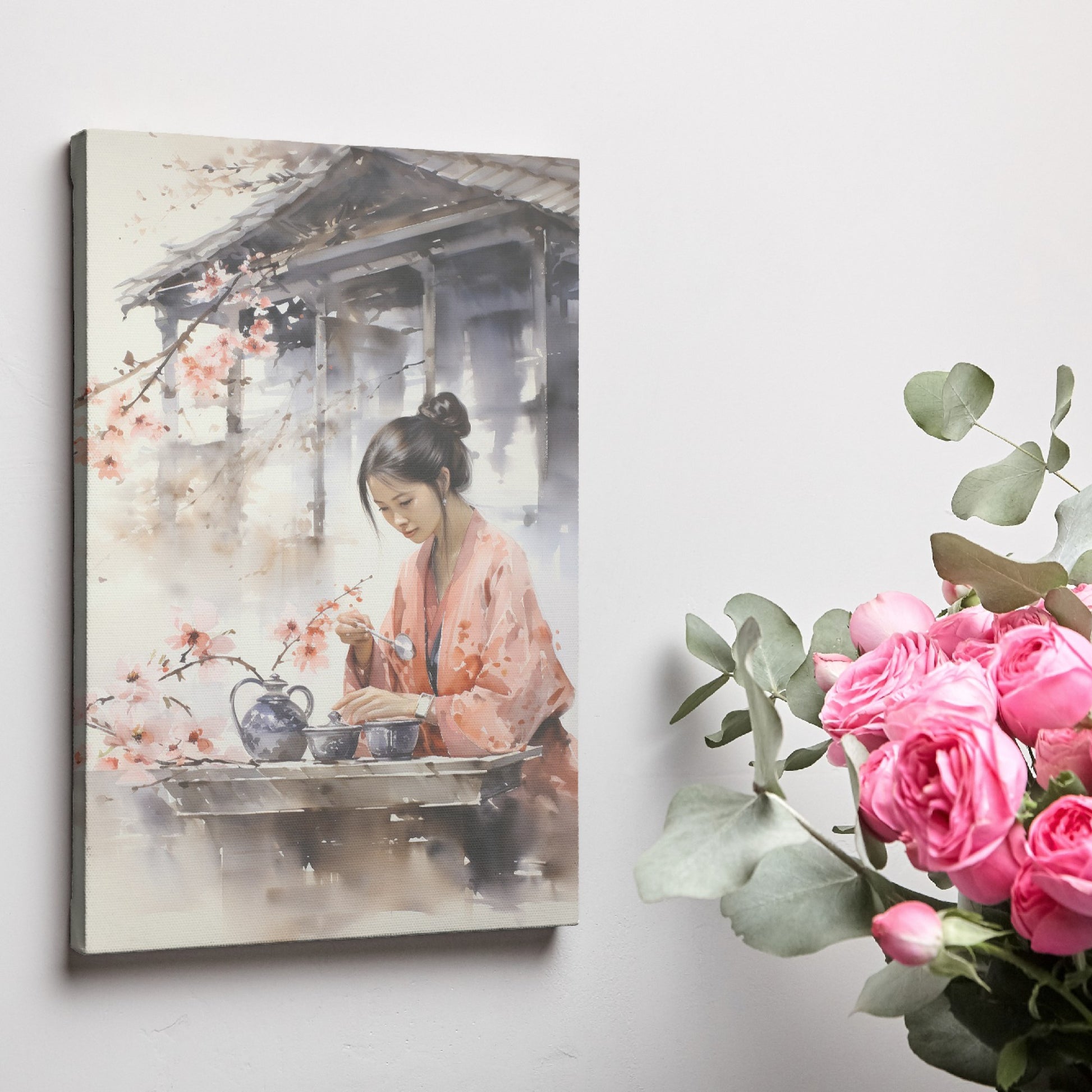 Framed canvas print of a Japanese tea ceremony with cherry blossoms and a woman in traditional attire