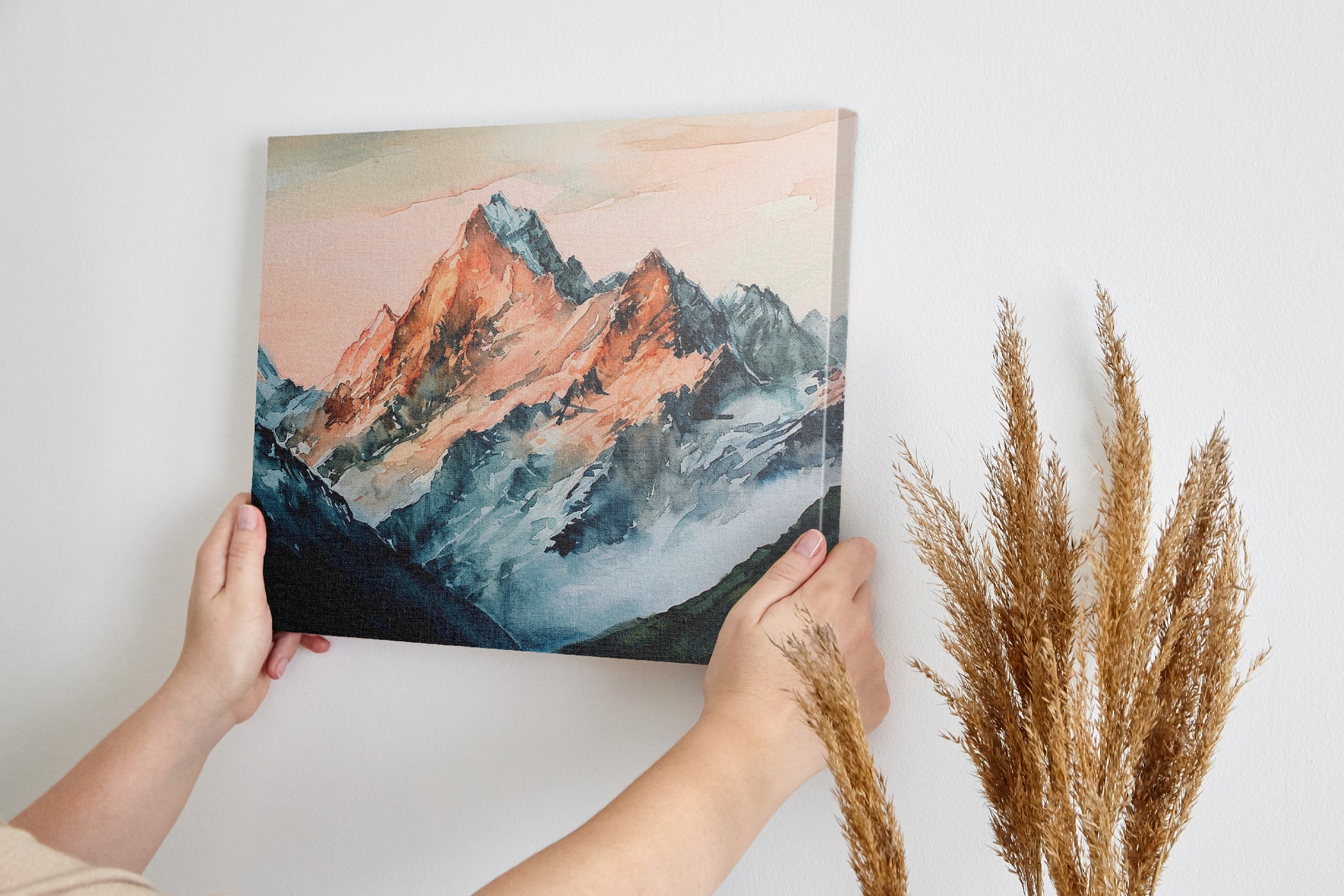Framed canvas print of impressionist watercolor mountain landscape with sunset hues
