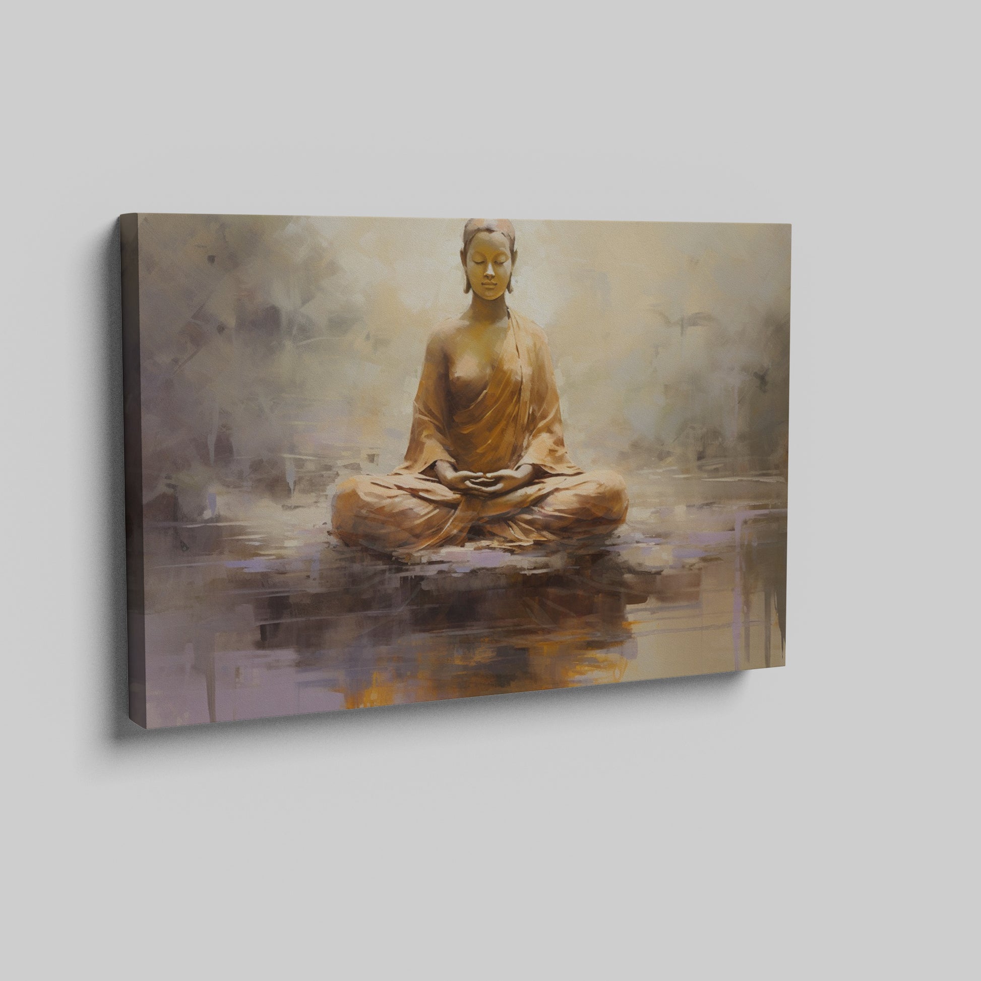 Canvas print of a meditating Buddha in warm amber and brown tones on a textured abstract background