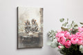 Framed canvas print of two monkeys contemplating over a birthday cake on a rustic backdrop