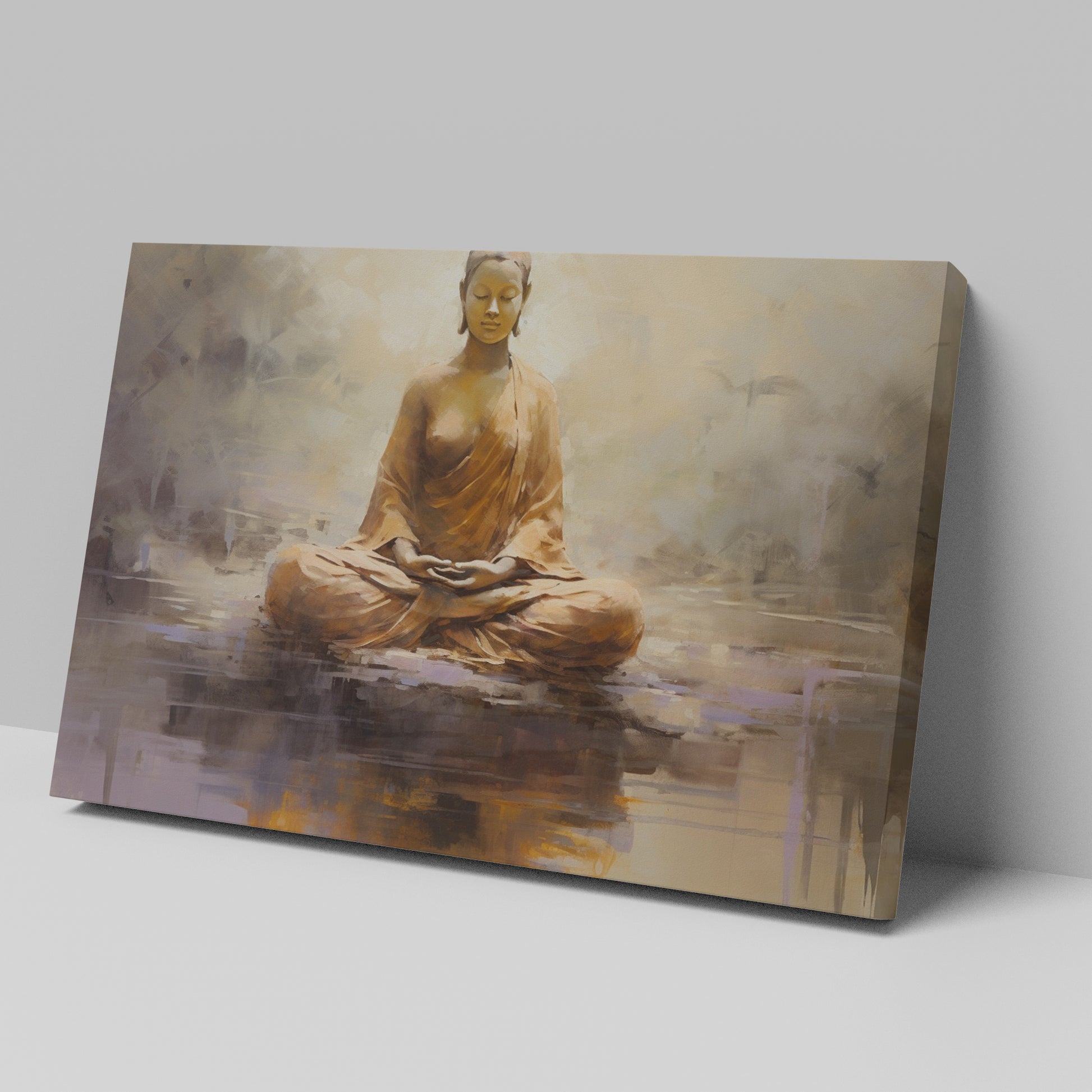 Canvas print of a meditating Buddha in warm amber and brown tones on a textured abstract background