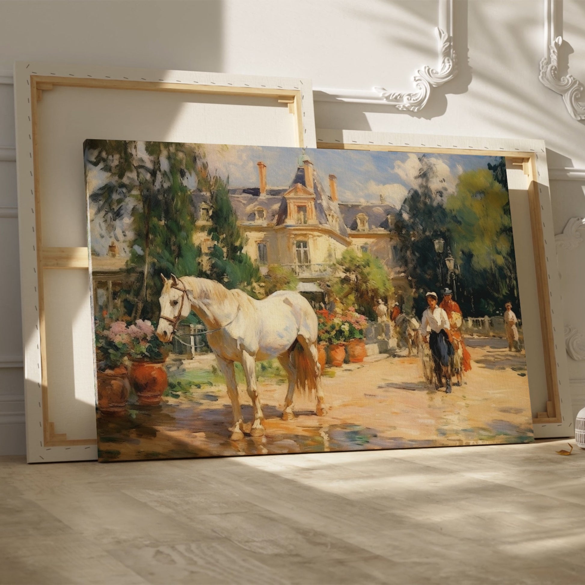 Framed canvas print of an impressionist painting featuring a white horse, a Victorian estate, and garden scenery