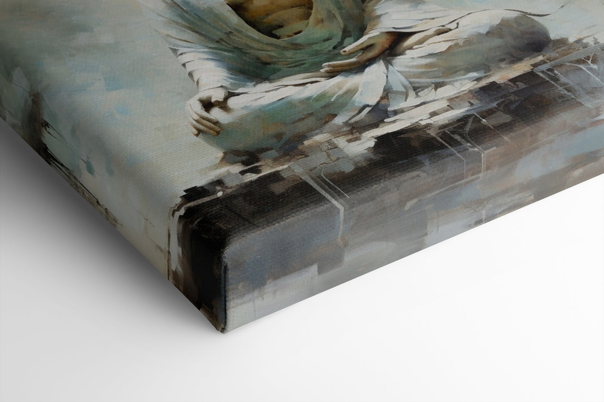 Framed canvas print of a serene Buddha in meditation with abstract, earthy tones