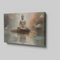 Framed canvas print of a serene Buddha in meditation with abstract watercolour lotus flowers and reflections
