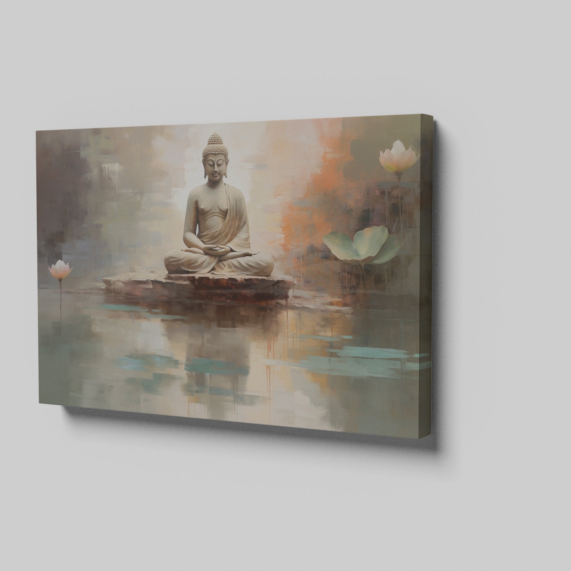 Framed canvas print of a serene Buddha in meditation with abstract watercolour lotus flowers and reflections