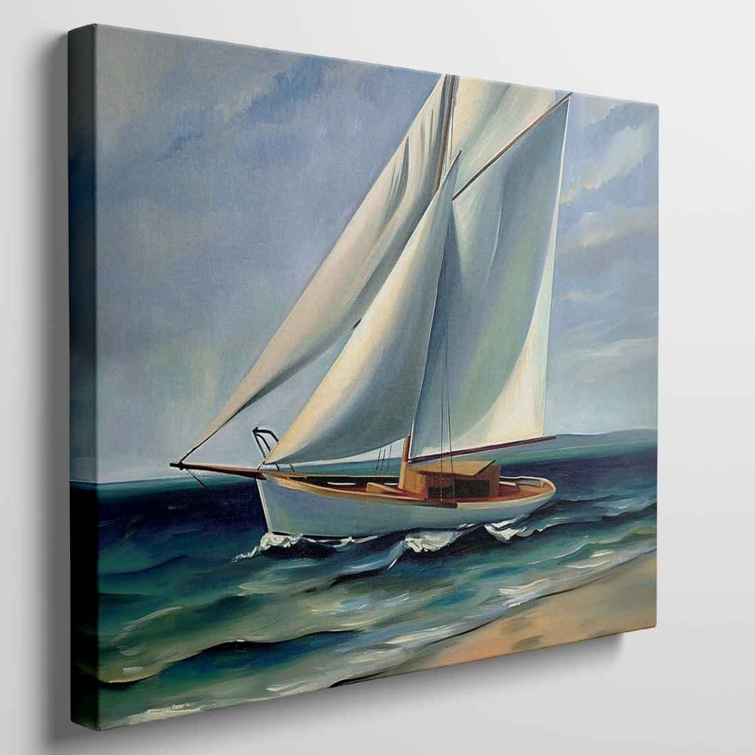 Canvas print of a realist artwork featuring a sailboat with white sails on a blue ocean with sky