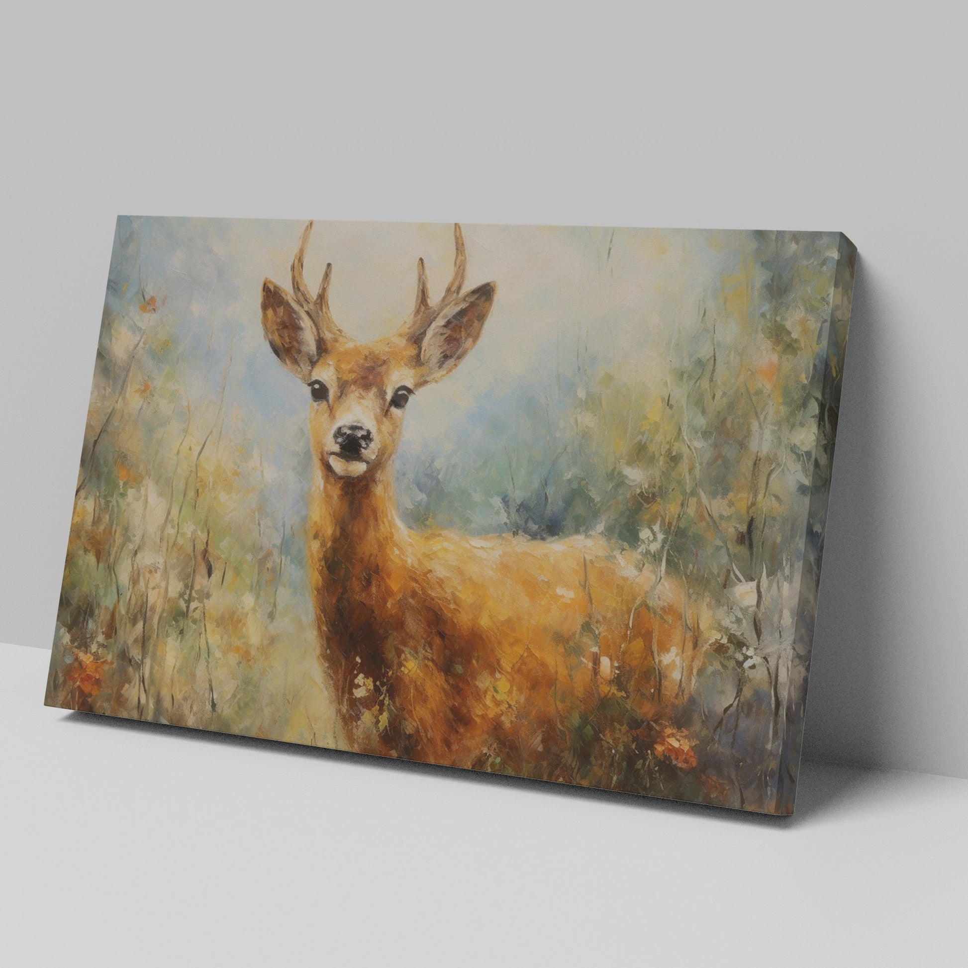 Framed canvas print of an impressionist painting of a deer with autumn colours