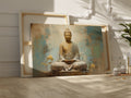 Framed canvas print of a serene Buddha meditating with warm earth tones and blue accents