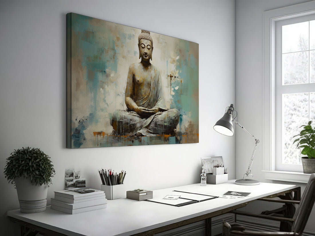 Canvas print of a meditating Buddha in beige and turquoise hues conveying serenity and spirituality.