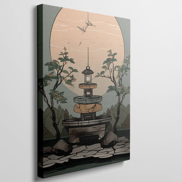 Artwork of a Zen garden at sunset with a stone lantern and flying birds against a large sun.