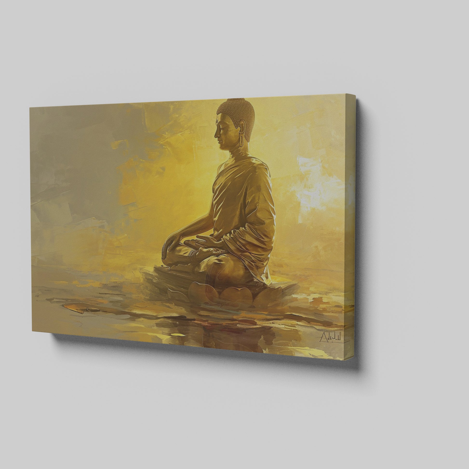 Framed canvas print of a golden Buddha in meditation