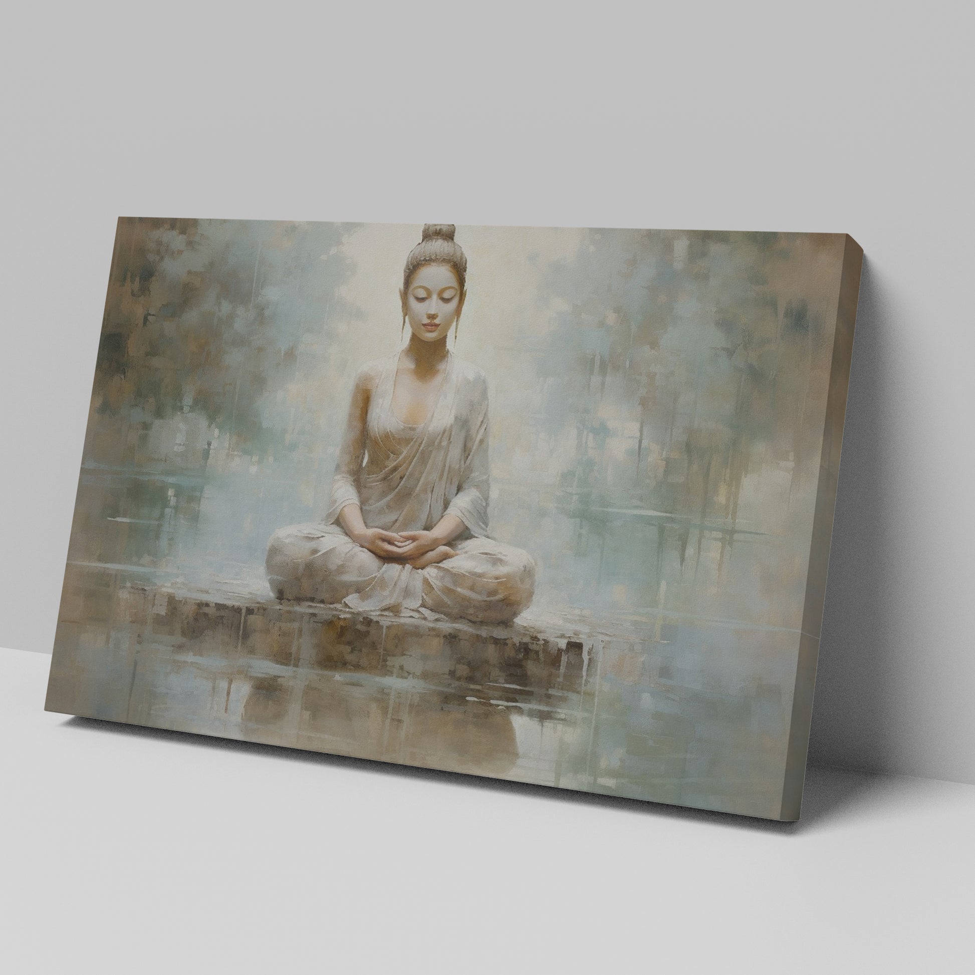 Framed canvas print of a meditative Buddha in serene, neutral tones