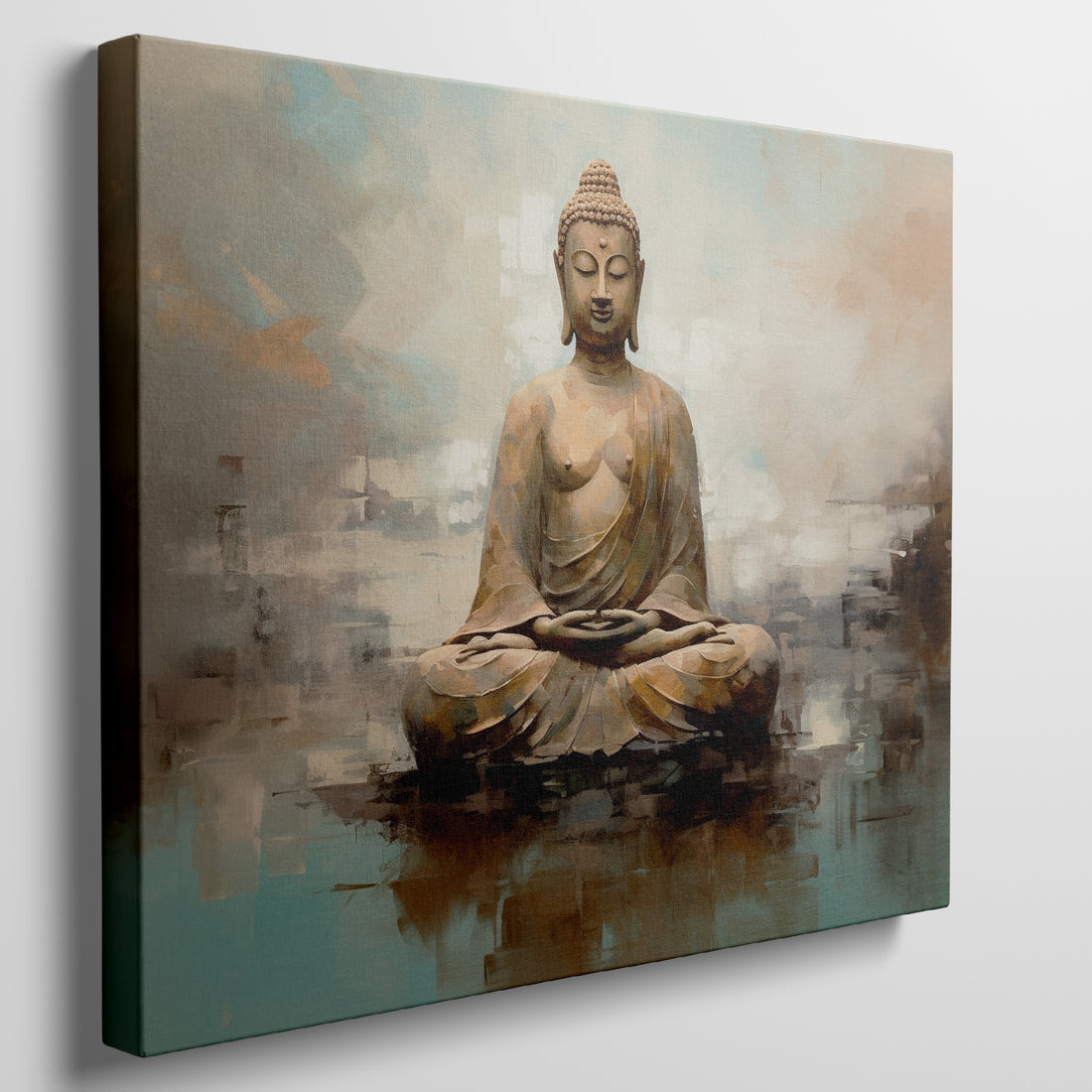 Abstract canvas print of a serene Buddha in meditation with shades of brown and teal blue