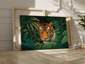 Canvas print of a tiger in a jungle with vivid green leaves around it